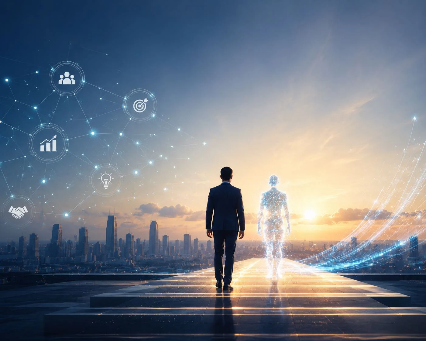 都市を望む屋上で未来へ歩み出す人とDigital Workforce
